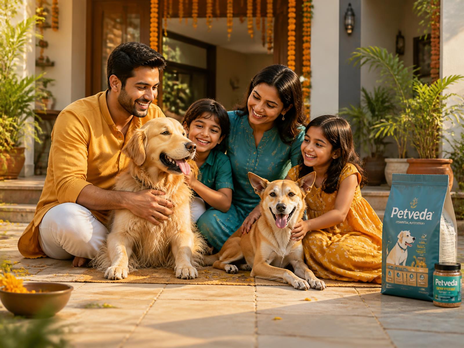 Indian family with their pet dogs at home