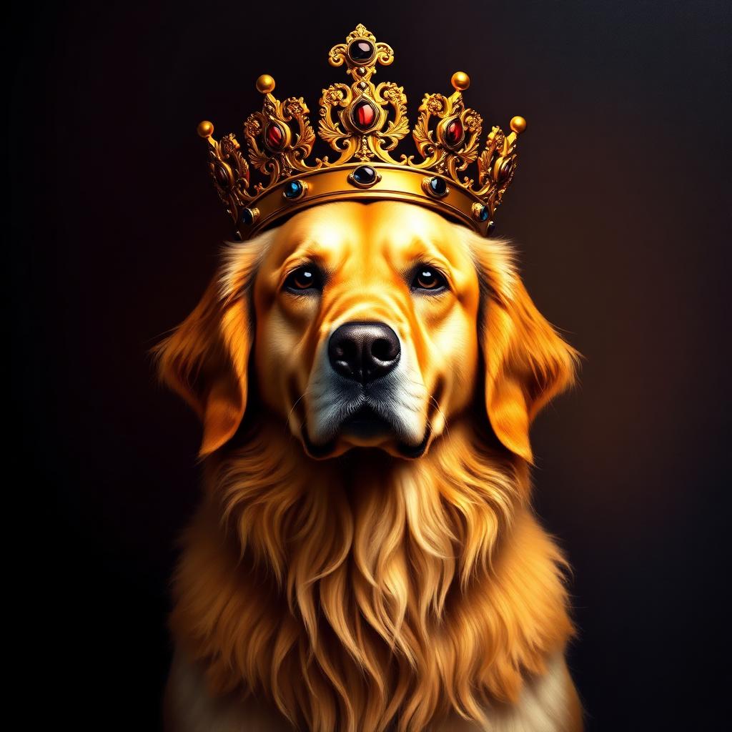 Golden retriever king wearing a jewelled crown