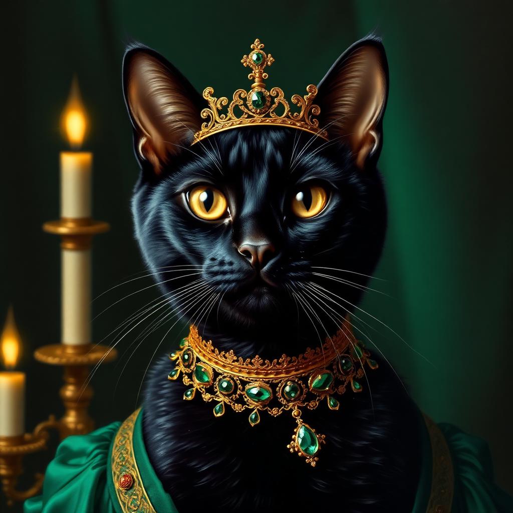 Black cat queen wearing a golden tiara and emerald collar