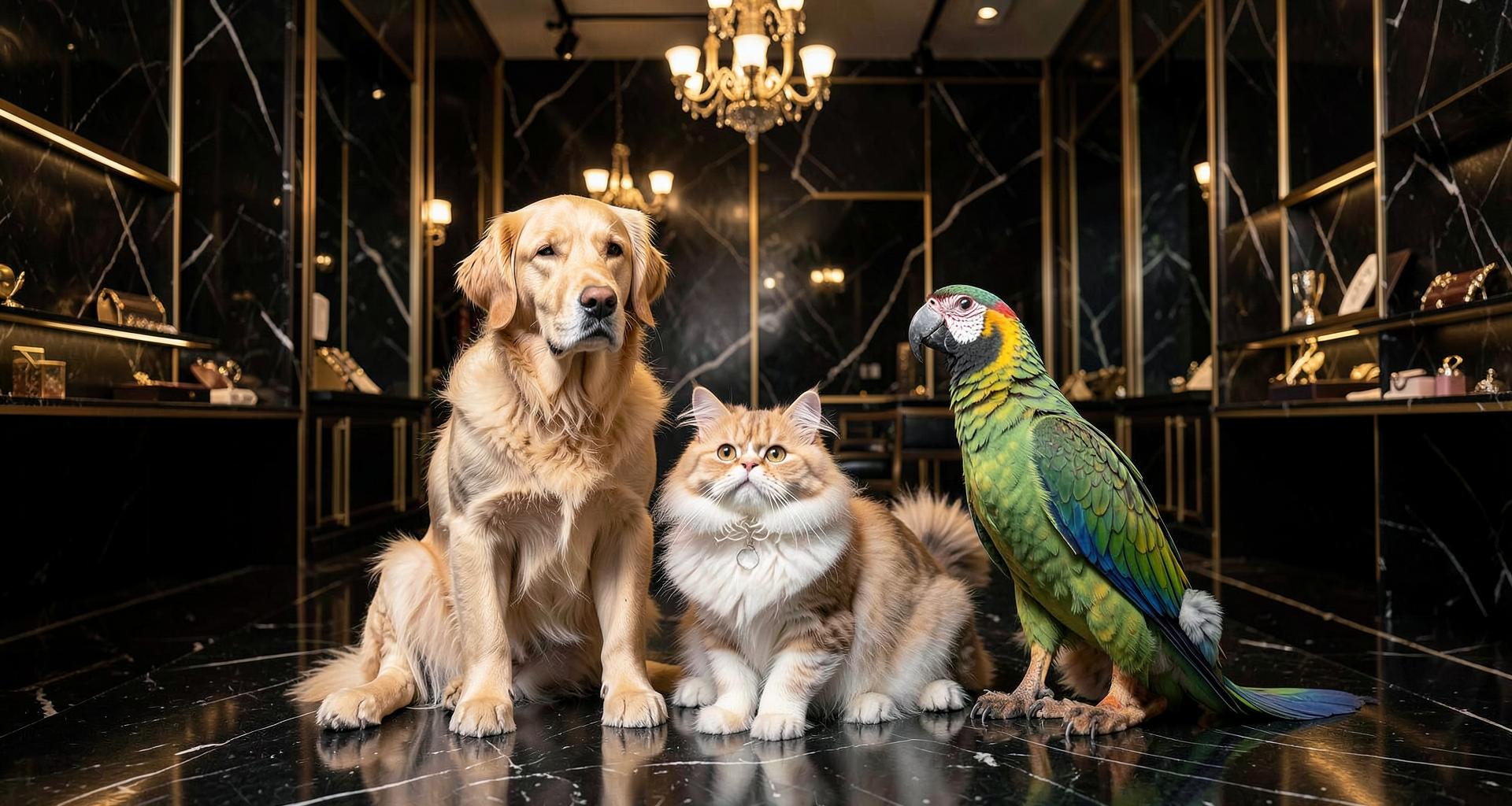 Dog, cat and parrot in a luxury boutique