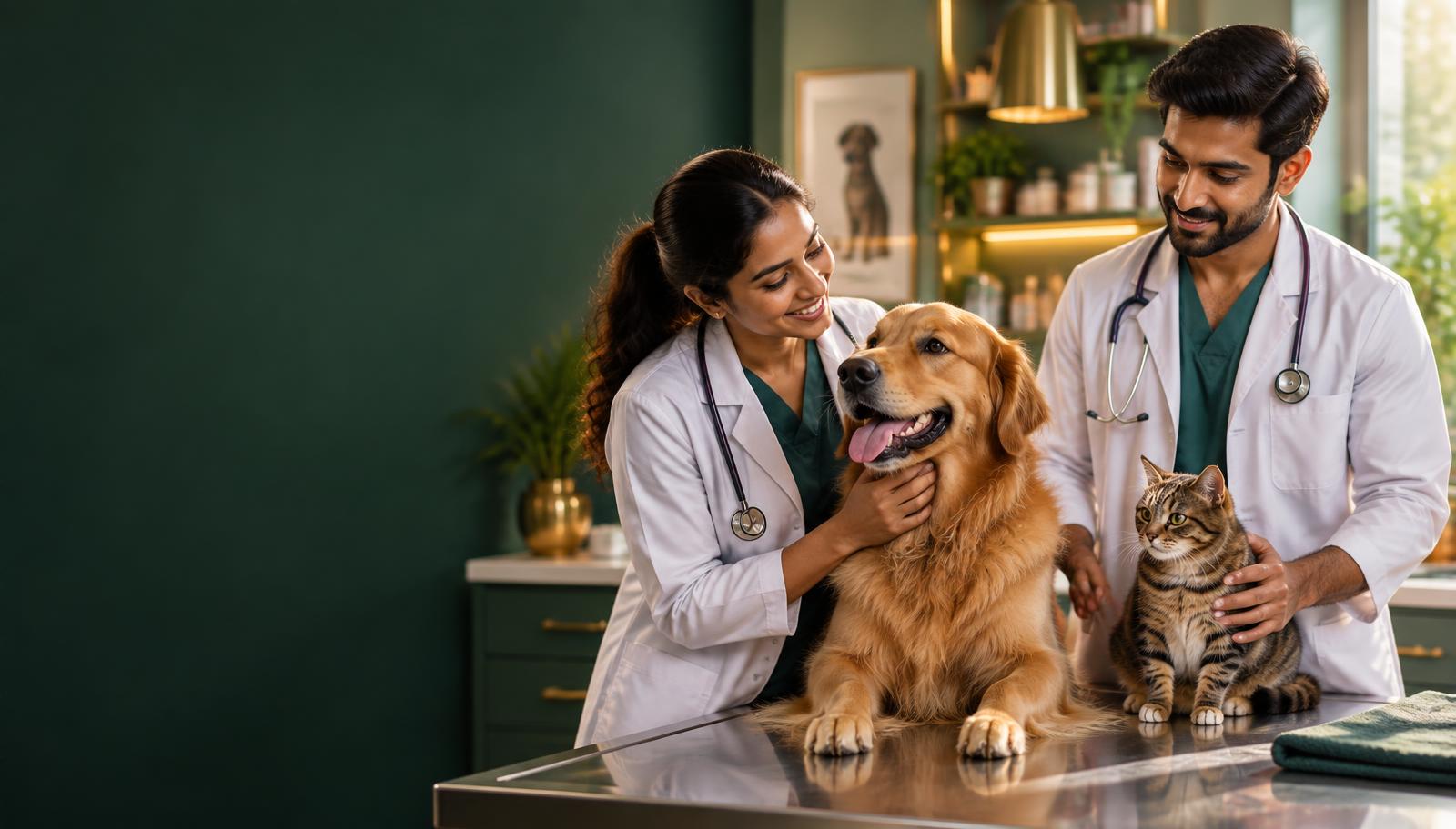 Indian pet doctors caring for a golden retriever and cat